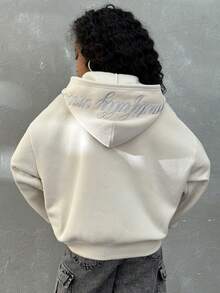 Coolane Kids 青少年女孩连帽拉链长袖字母刺绣设计休闲运动衫，长袖上衣毕业，返校服装，毕业，女士教师服装，返校 - 米色 - 查看 4