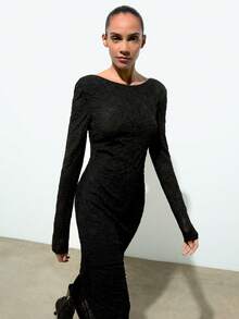 Maija 女士优雅派对纯色提花连衣裙 - 黑色 - 查看 3