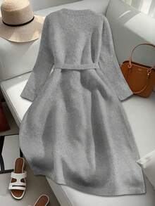 SHEIN Franclia 女士圆领纽扣配腰带长款针织毛衣裙 - 灰色 - 查看 2