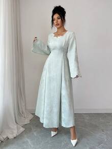 Yasmyna 女士提花绿色水钻系带修身 A 字优雅阿拉伯连衣裙 - 綠色 - 查看 4