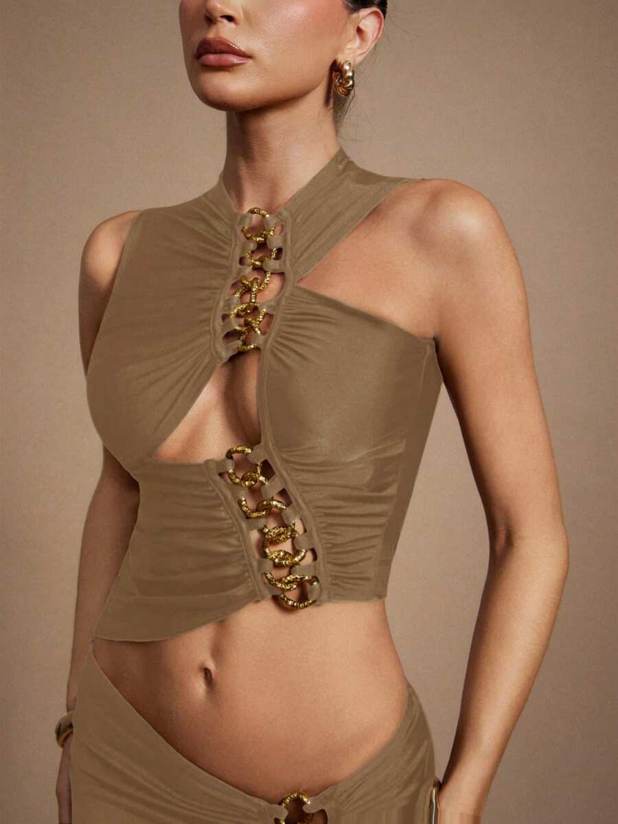 Hauture Váy Maxi đuôi cá màu nâu sẫm lấp lánh có chi tiết cắt xẻ và xích cho nữ - Màu Khaki - Xem 1
