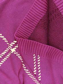 Elenzga Plus Size Casual Plaid Drop Shoulder Loose Knit Sweater, Autumn/Winter - Red Violet - View 7