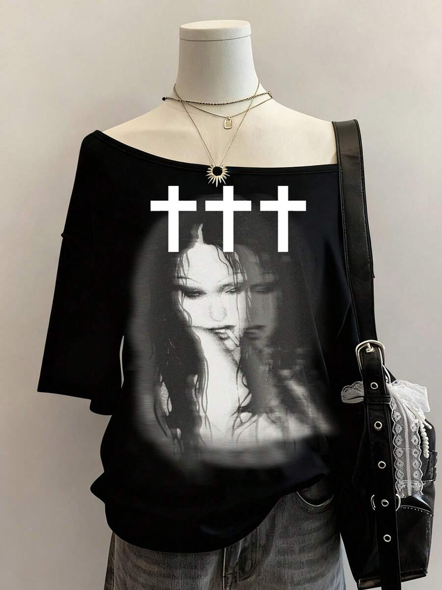 SHEIN EZwear Áo thun hở vai tay ngắn in họa tiết chân dung mờ đơn giản Attitoon dành cho nữ, phù hợp mặc mùa hè, mùa thu, áo hở vai - Nhiều màu - Xem 1