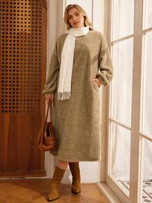 Rosumi Lässiges, einfarbiges Große Größen-Kleid mit Drop Shoulder und lockerer Passform, Herbst-/Winterkleidung für Damen, gemütliche Herbst- und Winterkleidung für Damen, Silvesterkleidung, braunes Kleid - Braun - Übersicht 5