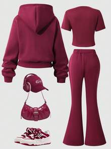 SHEIN Explorewe Tween女孩休閒Addicted拉鍊連帽外套、圖案印花T恤與喇叭喇叭刷毛長褲3件套，適合秋冬戶外、散步、購物、通勤，可搭配棉襖外套 - 酒紅色 - 查看 2
