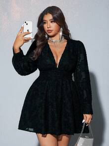 Viva Relle Star Print V-Neck Black & White Fitted Waist Casual Elegant Long Sleeve Slim Plus Size Mini Dress, Suitable For Party - Navy Blue - View 5