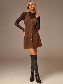SHEIN Forever 21 Women's Solid Color V-Neck Single-Breasted Casual Sleeveless Mini Dress - Rust Brown - View 4