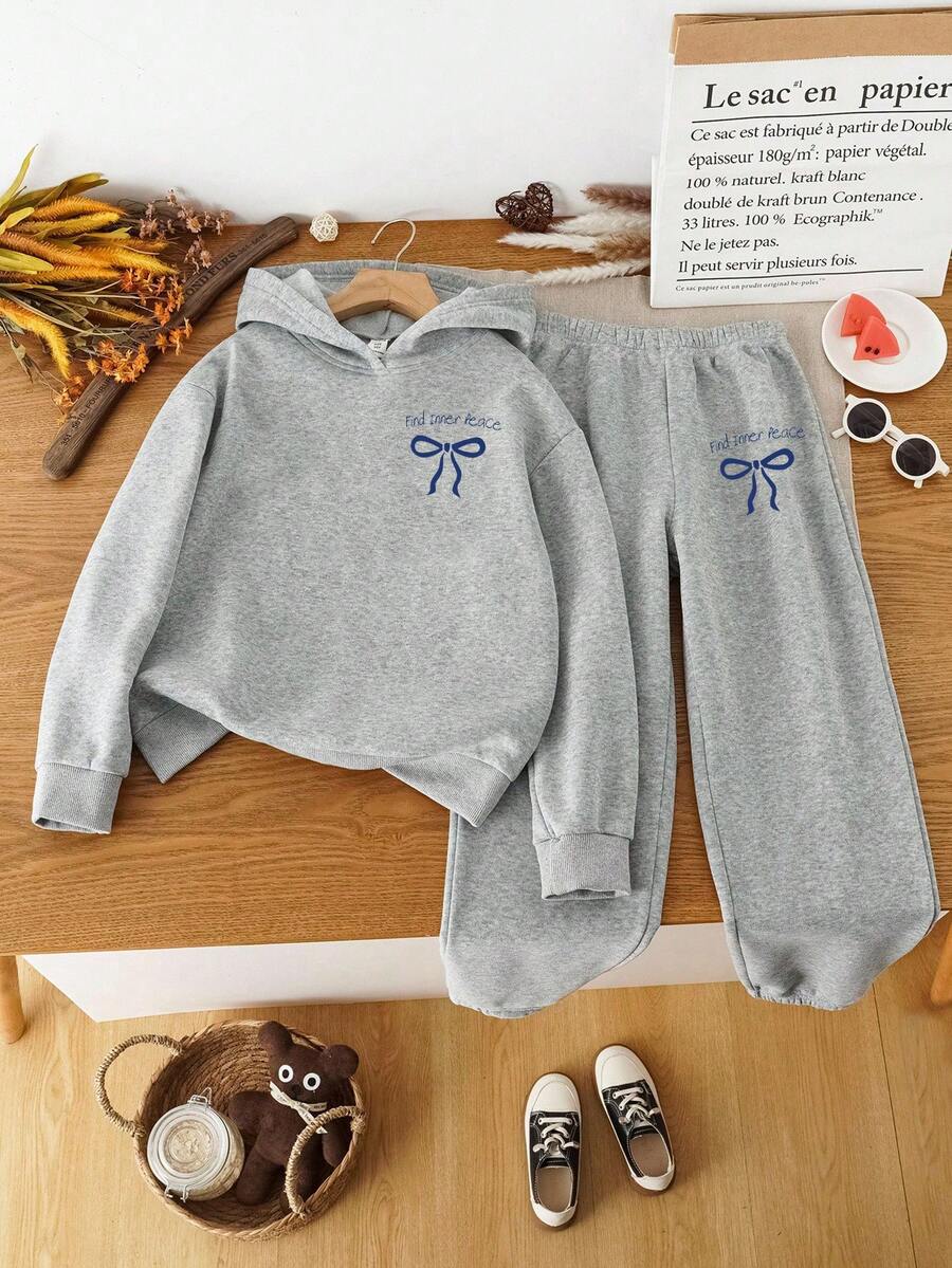 Sparklyn Phong cách ấm áp mùa thu đông, Bộ đồ 2 mảnh in họa tiết hoạt hình nơ dễ thương cho bé gái tuổi mới lớn, Trang phục mùa đông thời trang cá nhân hóa cho bé gái, Bộ - Màu Xám nhạt - Xem 1