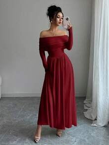 Elenzga 女士优雅露肩纯色连衣裙，适合通勤 - 酒紅色 - 查看 7