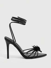 CUCCOO SZL Black PU Camellia Decor Lace-Up Sexy Elegant Party French Romantic Pointed Toe High Heel Sandals For Women - Black - View 3