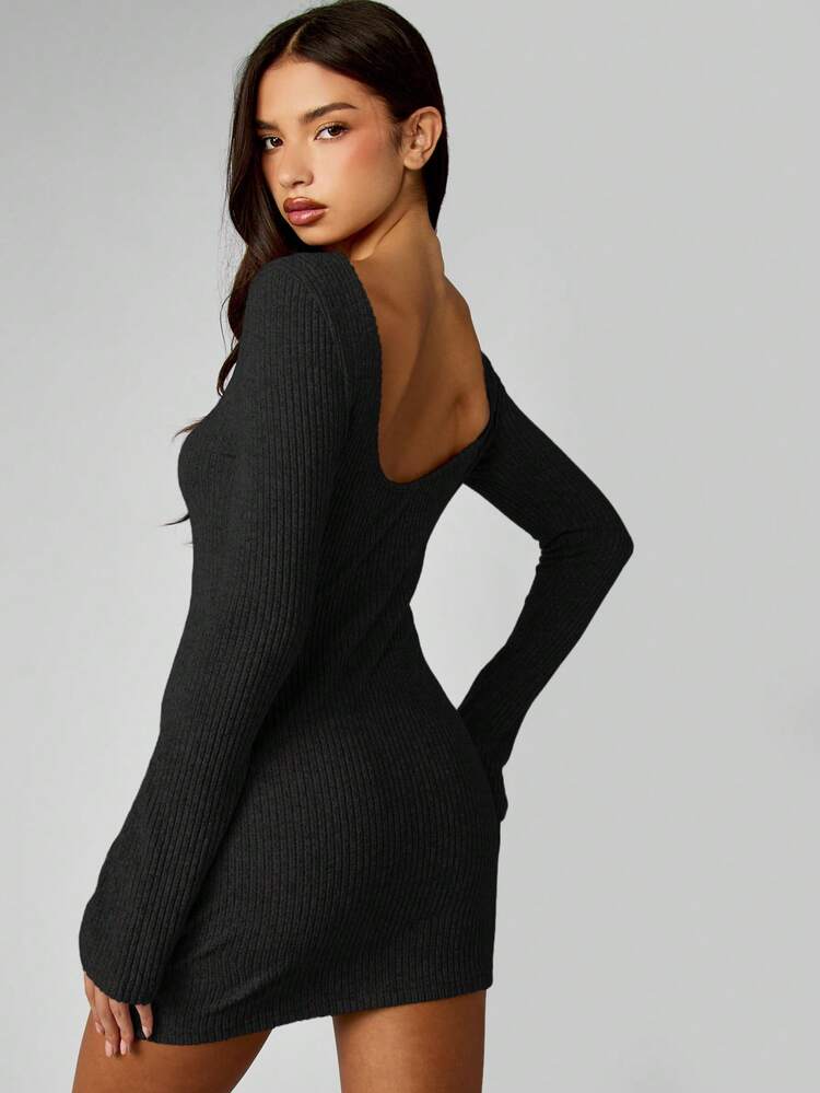 MISSGUIDED Sukienka mini z prążkowanej dzianiny z długim rękawem, dopasowana, jesienno-zimowa, wygodna, swobodna, sweterkowa