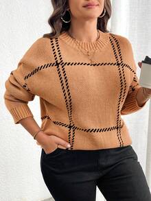 Elenzga Plus Size Women Plaid Round Neck Drop Shoulder Long Sleeve Casual Loose Pullover Sweater, Autumn/Winter - Orange - View 4