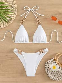 Swim Vcay Bộ bikini gợi cảm màu trơn, hình tam giác nhỏ, dành cho bãi biển và kỳ nghỉ - trắng - Xem 4