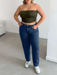 EURMUSE Plus High Waist Snow Wash Mom Fit Jeans - Dark Wash - View 6