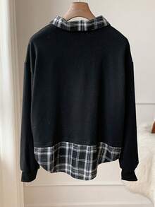Comfortcana 秋冬撞色格纹印花领口和下摆卫衣、长袖上衣 - 黑色 - 查看 2