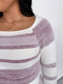 SHEIN 大码休闲拼色条纹毛衣，秋冬 - 彩色 - 查看 3
