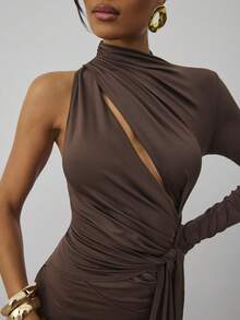 Hauture Vestido mini casual asimétrico con un hombro descubierto, cuello alto, recorte y faja, de estilo discreto y recatado - Marrón - Ver 6