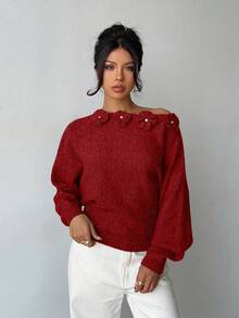 Elenzga 女士优雅花卉珍珠装饰针织套头毛衣，蝙蝠袖宽松版型，酒红色，适合派对、圣诞节、秋冬季穿着。 - 紅色 - 查看 4