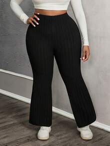 SHEIN PETITE CURVE Women's Plus Size Solid Color Flared Pants With Slit - Black - View 3