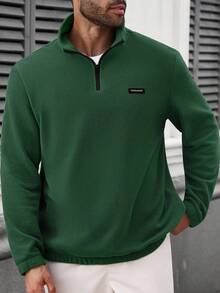 Manfinity CasualCool Autumn/Winter Fleece Stand Collar Half Zip Long Sleeve Loose Thickened Casual Sports Pullover Sweatshirt Men Solid Color Fitness Gym Training Knit Jacket