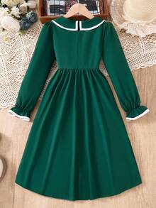 SHEIN Robe mi-longue plissée à ligne A avec col, manches longues et ourlet patchwork, convenant pour les déplacements et les sorties quotidiennes, printemps/automne - Vert - Voir 2