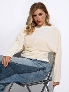 Maija 大码女式纯色简约长袖上衣，日常穿着 - 米色 - 查看 1