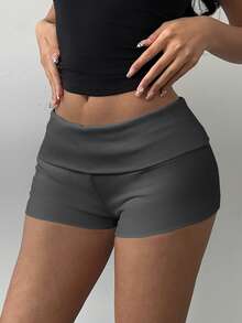 SHEIN BASICS 女式纯色针织低腰修身运动短裤 - 深灰色 - 查看 4