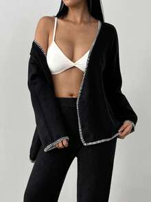 FavEase Set de 2 piezas de mujer con cardigan holgado de contraste y pantalones de punto - Blanco y Negro - Ver 7