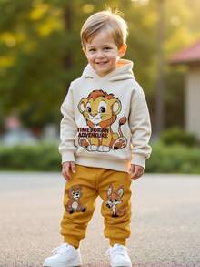 2 件套年轻男孩卡通动物涂鸦图案可爱风格休闲宽松长袖连帽运动衫套装，适合秋冬季 - 彩色 - 查看 1