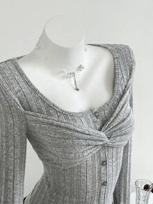 Elamini 1 件女士灰色罗纹扭结纽扣长袖 T 恤，秋冬休闲通勤装 - 淺灰色 - 查看 1