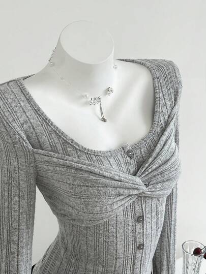 Elamini 1개 여성용 회색 골지 트위스트 매듭 버튼 긴소매 티셔츠, 가을/겨울 캐주얼 & 통근복