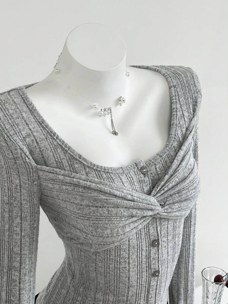 Elamini 1 件女士灰色罗纹扭结纽扣长袖 T 恤，秋冬休闲通勤装 - 淺灰色 - 查看 1