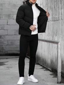 Manfinity CasualCool Áo khoác nam cổ đứng màu đen có khóa kéo, đệm lót, thiết kế xếp ly, phong cách đường phố thường ngày, đa năng, quà tặng bạn trai, áo khoác ngoài - màu đen - Xem 8