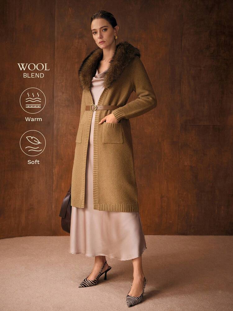 Women's Elegant Fur Collar Long Sleeve Cardigan With Dual Pockets, Autumn/Winter