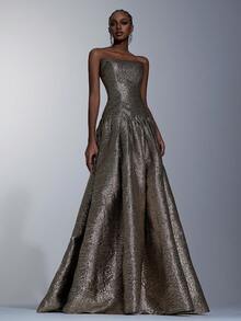 Elitara Elegant Metallic Jacquard Strapless A-Line Evening Gown,Glamorous Back Drawstring Flared Long Dress For Parties,Weddings,Formal Occasions&Vacations - Gold - View 6