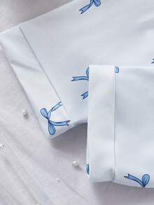 2pcs/Set Young Girl' Casual Cute Blue Bow Pattern Long Sleeve Top And Pants Loungewear Set Cute Pj Sets Light Blue Pj Set - Baby Blue - View 5