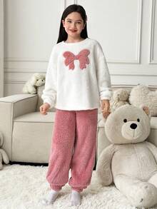 SHEIN 女童宽松毛绒圆领长袖蝴蝶结刺绣运动衫和卷边裤睡衣套装，粉色，秋冬 - 淺粉色 - 查看 4