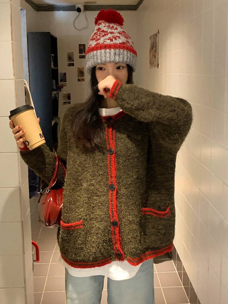 Women's Contrast Color Round Neck Korean Style Long Sleeve Cardigan, Autumn/Winter Christmas New Year