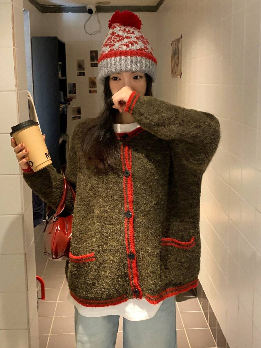 DAZY 女士撞色圆领韩版长袖开衫，秋冬圣诞新年款 - 紅色 - 查看 1