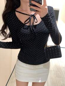 DAZY 女式圆领波点袖口系带长袖休闲T恤 - 黑色 - 查看 4