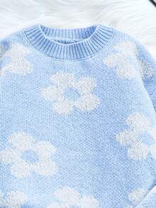 SHEIN Tween-Mädchen Lässiges Set aus blauem, geblümtem Jacquard-Pullover und weit geschnittener Hose, geeignet für drinnen und draußen, blau