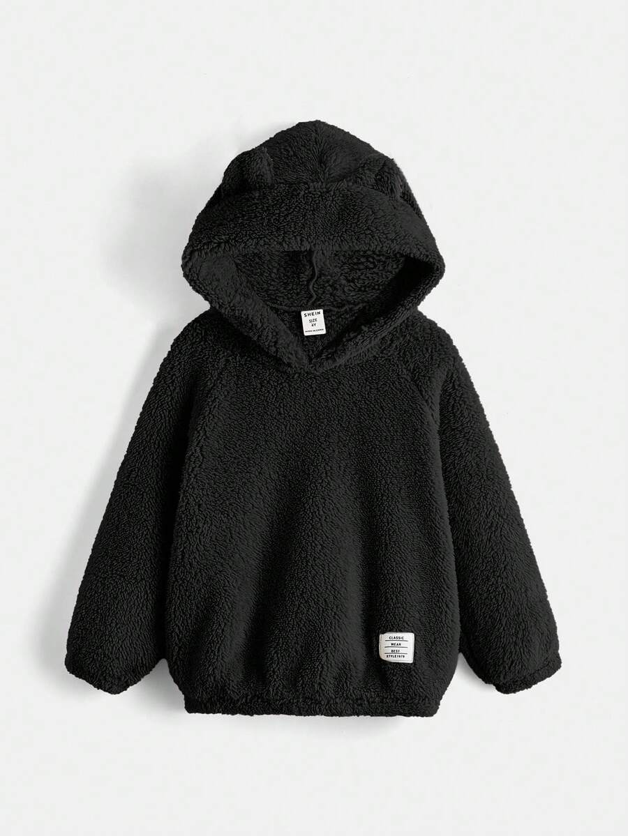 SHEIN Áo nỉ nỉ cho bé trai, có mũ tai gấu, tay dài, in chữ, dáng regular fit, dễ thương, thích hợp cho mùa thu/đông. - màu đen - Xem 1