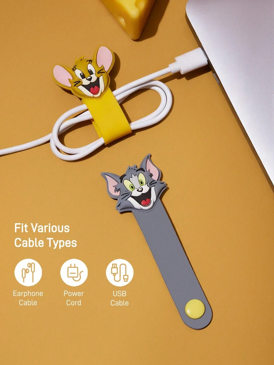 TOM & JERRY X SHEIN 2 kẹp giữ cáp hoạt hình, kẹp giữ cáp tai nghe sạc du lịch, kẹp sắp xếp cáp đa chức năng dễ thương tại nhà, phù hợp để lưu trữ nhiều loại cáp khác nhau. - Nhiều màu - Xem 1
