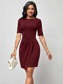 Editum Women's Solid Color Round Neck Short Sleeve Ruched Asymmetric Hem Elegant Dress - Dark Red - View 3