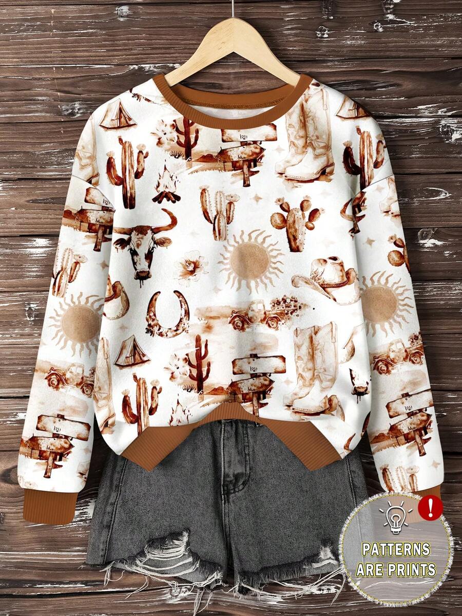 EMERY ROSE Áo nỉ nữ/In họa tiết toàn thân/Áo nỉ cổ điển mùa đông/Áo nỉ đẹp/Áo nỉ thời trang giản dị và thoải mái/Áo nỉ vui nhộn/Áo dài tay cổ tròn thời trang rộng rãi và thoải mái cho nữ/Mùa thu và mùa đông - Nhiều màu - Xem 1