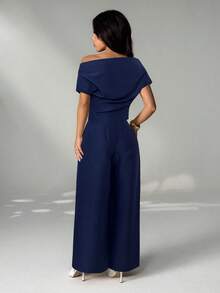 SHEIN PETITE Women's Summer New Arrival Simple Elegant Daily Casual Linen Commuter Wide Collar Off Shoulder Blouse And Wide Leg Pants Suit - Navy Blue - View 2