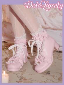 Dola Lovely 女士粉色洛丽塔风格蝴蝶结珍珠链条踝靴，蕾丝装饰，优雅中跟系带靴，洛丽塔时尚，适合作为圣诞节、万圣节、感恩节礼物，秋冬季穿着 - 粉色 - 查看 2