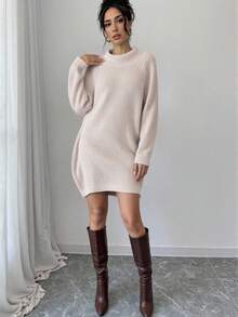 Teen Girl Fitted Turtleneck Sweater Dress, Khaki Long Sleeve, Suitable For Spring, Autumn, Winter, Can Be Paired With Padded Coat, Coat Fall Dresses Women Dress Long Sleeve Dresses Beige Dress Casual Dress