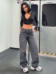 EURMUSE HIGH WAIST LOOSE STRAIGHT JEAN CASUAL - Grey - View 4