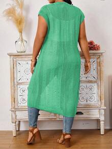 EMERY ROSE Plus Size Women Solid Color Cap Sleeve Hollow Design Long Knitted Cardigan - Green - View 2